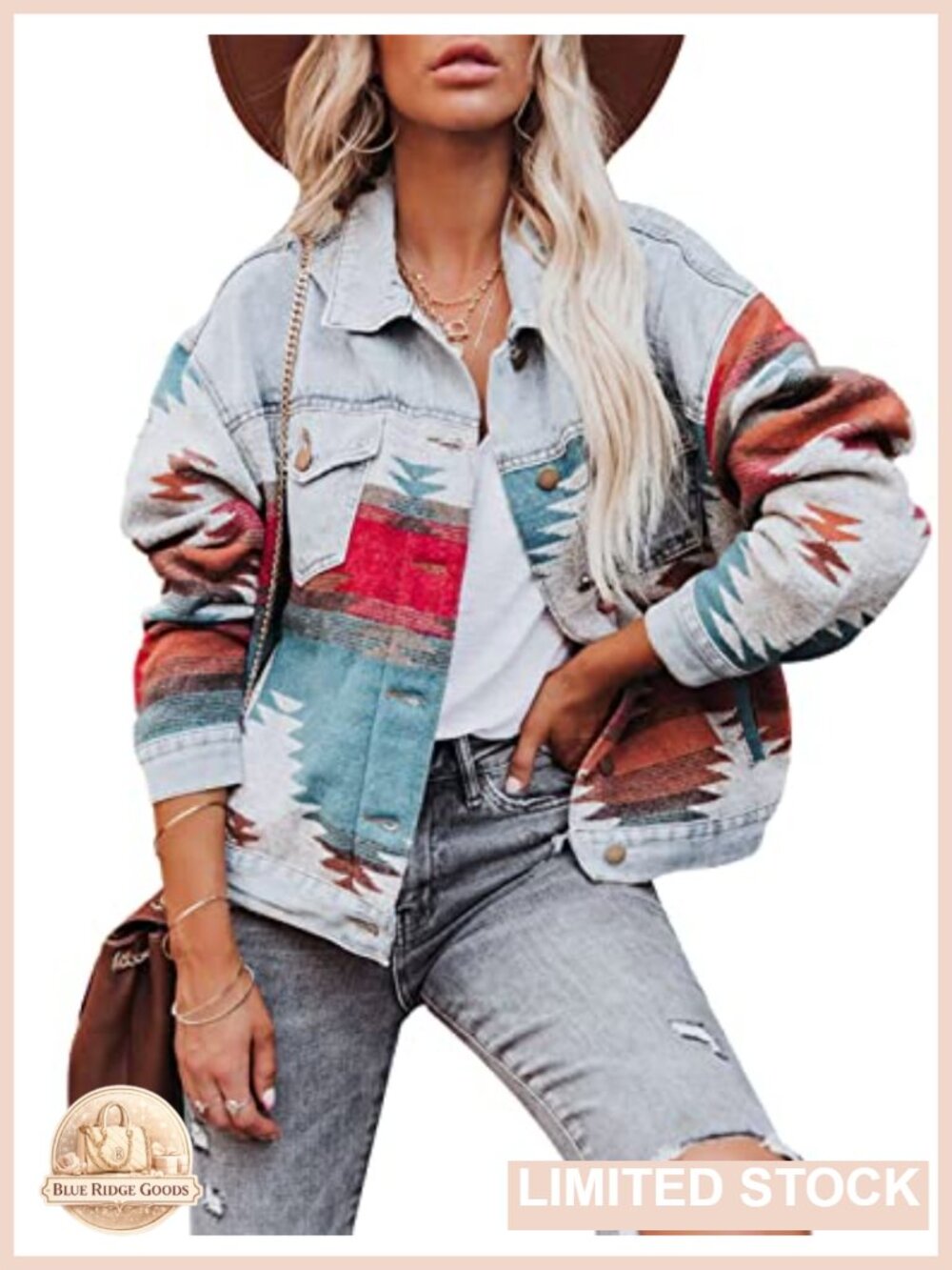 Aztec Print Denim Jacket Button Down Frayed Hem Shacket Women Loose Fit